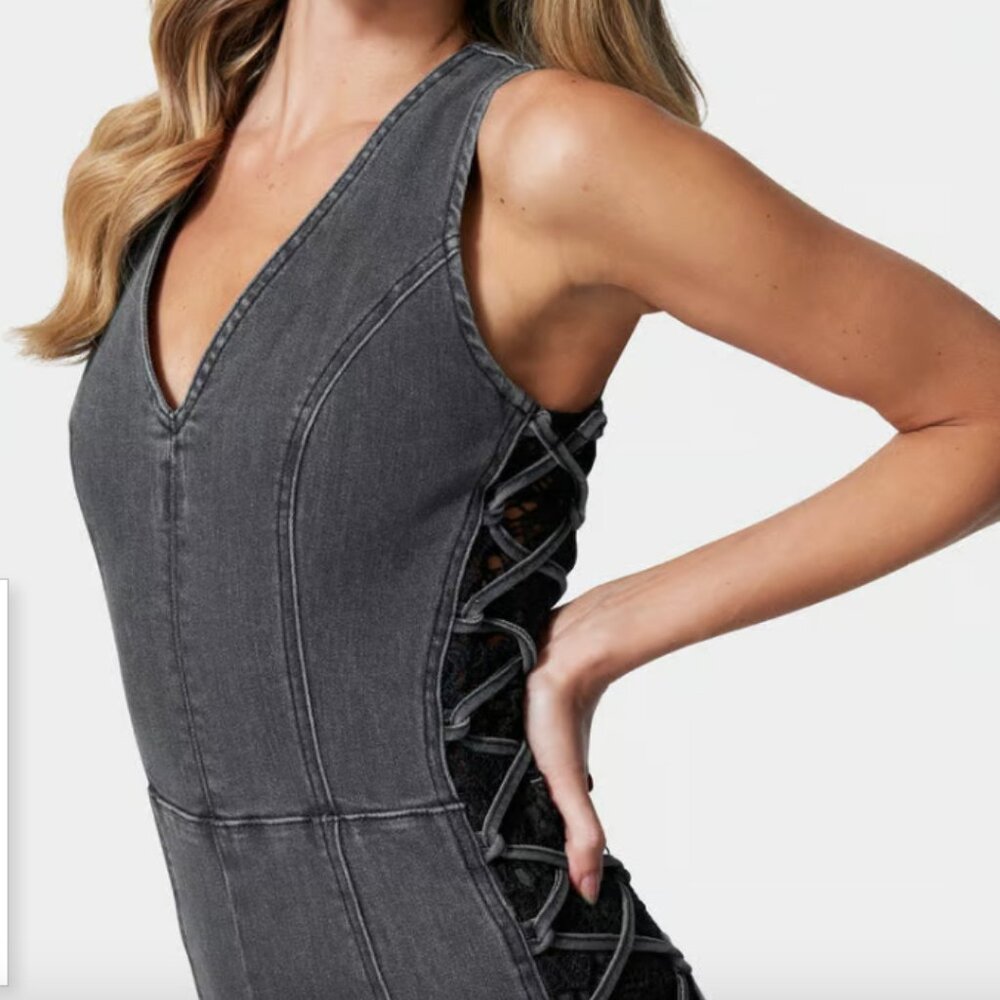 LACE DETAIL CORSET DENIM JUMPSUIT